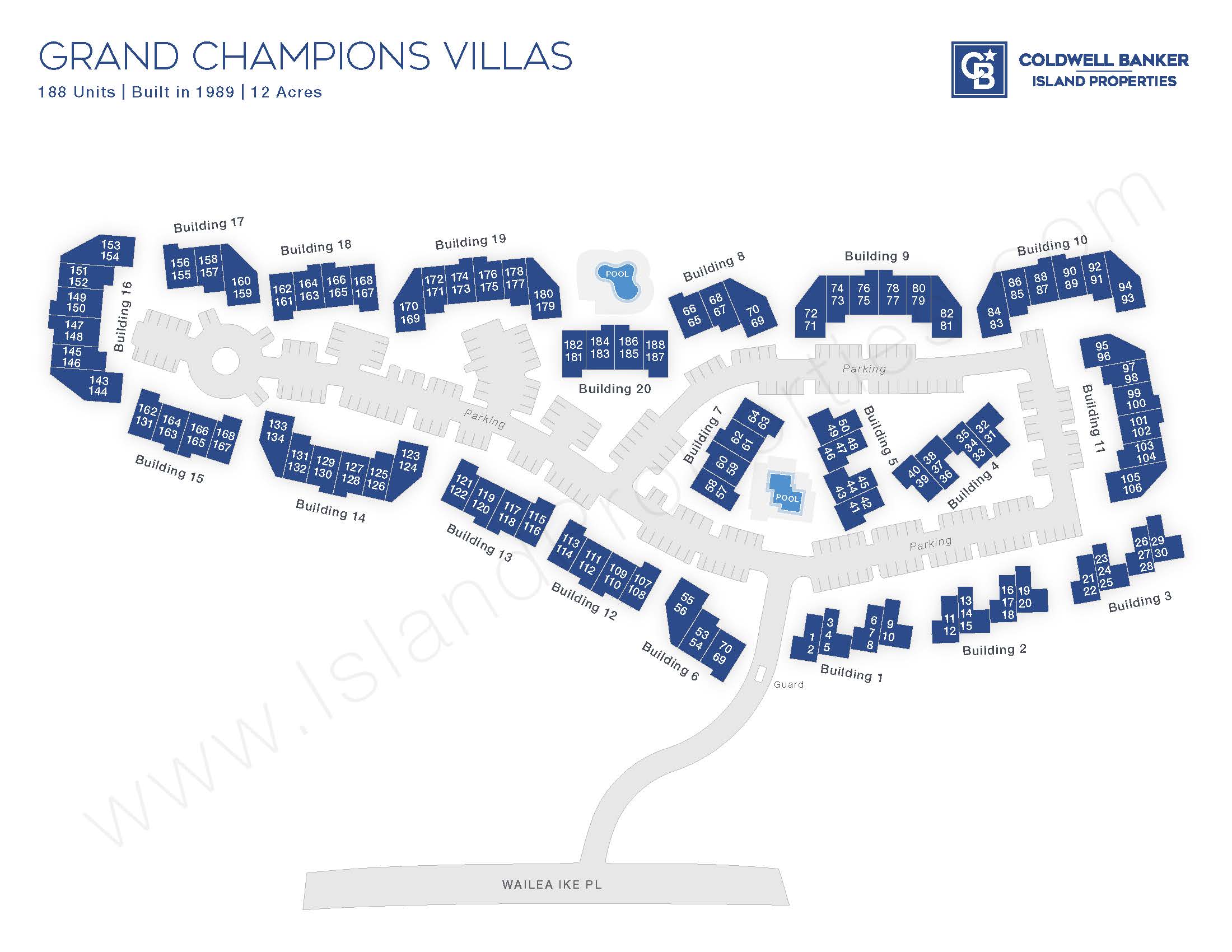 Site map of Grand Champions Villas in Wailea, Maui, showcasing building numbers, unit layout, pools, parking areas, and main entrance.