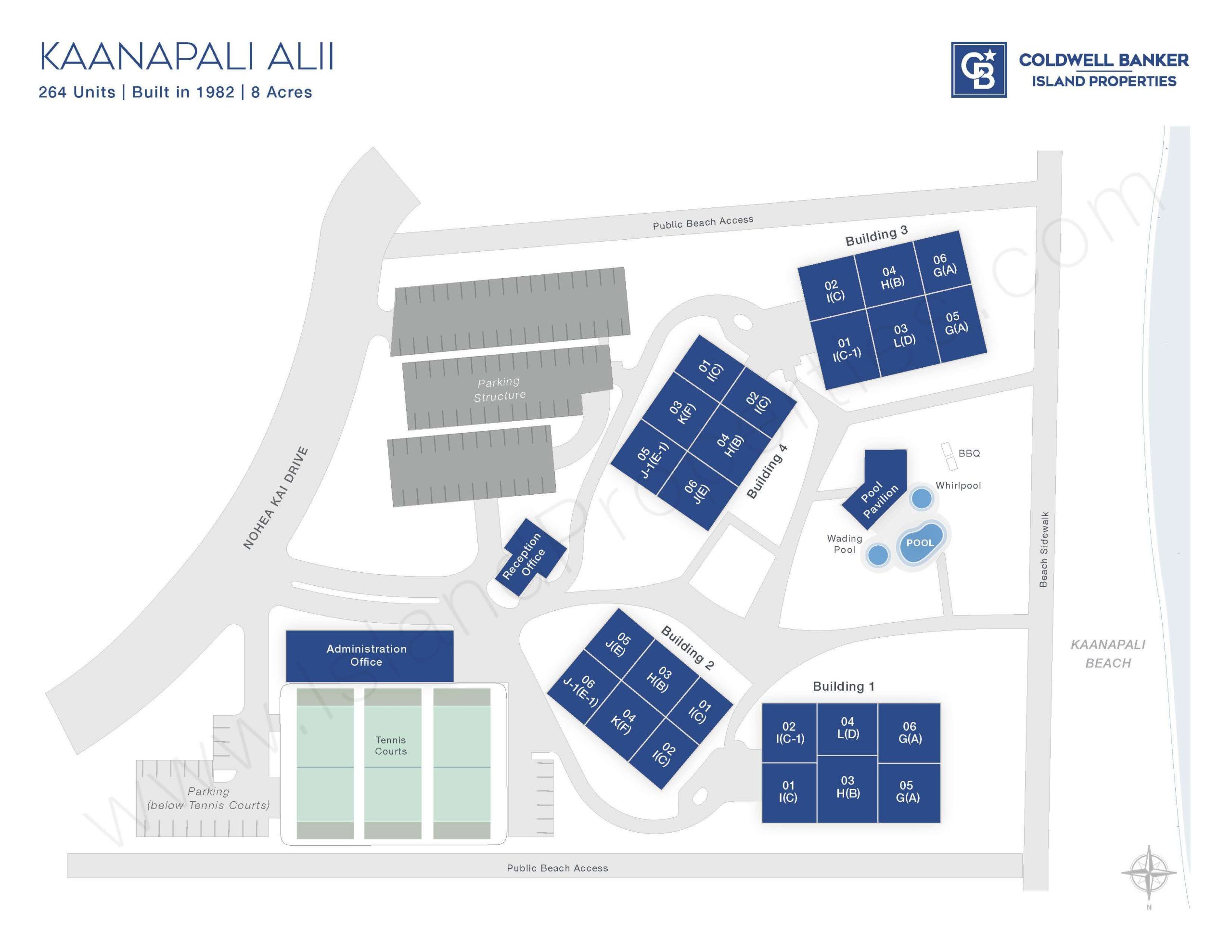 Site map of Kaanapali Alii beachfront condo complex in Lahaina, Maui, showing buildings, amenities, parking, and beach access.