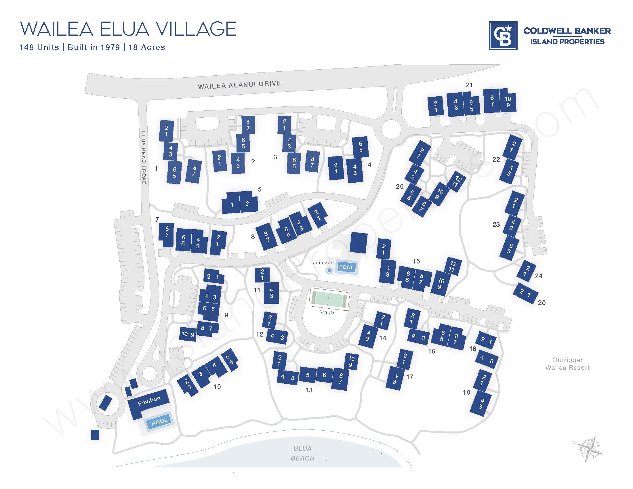 Site map of Wailea Elua Village in Wailea, Maui, showcasing building locations, pools, pavilion, tennis court, and proximity to Ulua Beach.