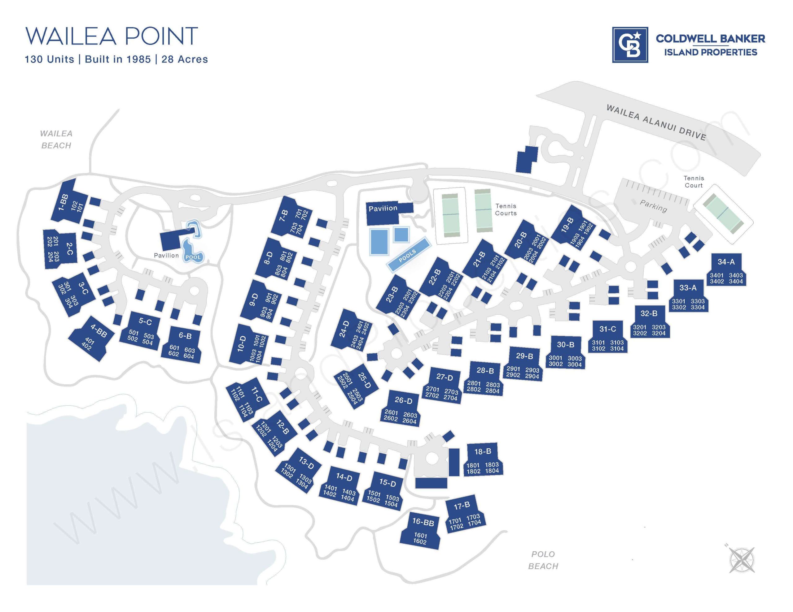 Wailea Point Maui site map with unit numbers, building locations, and amenities near Wailea and Polo Beach