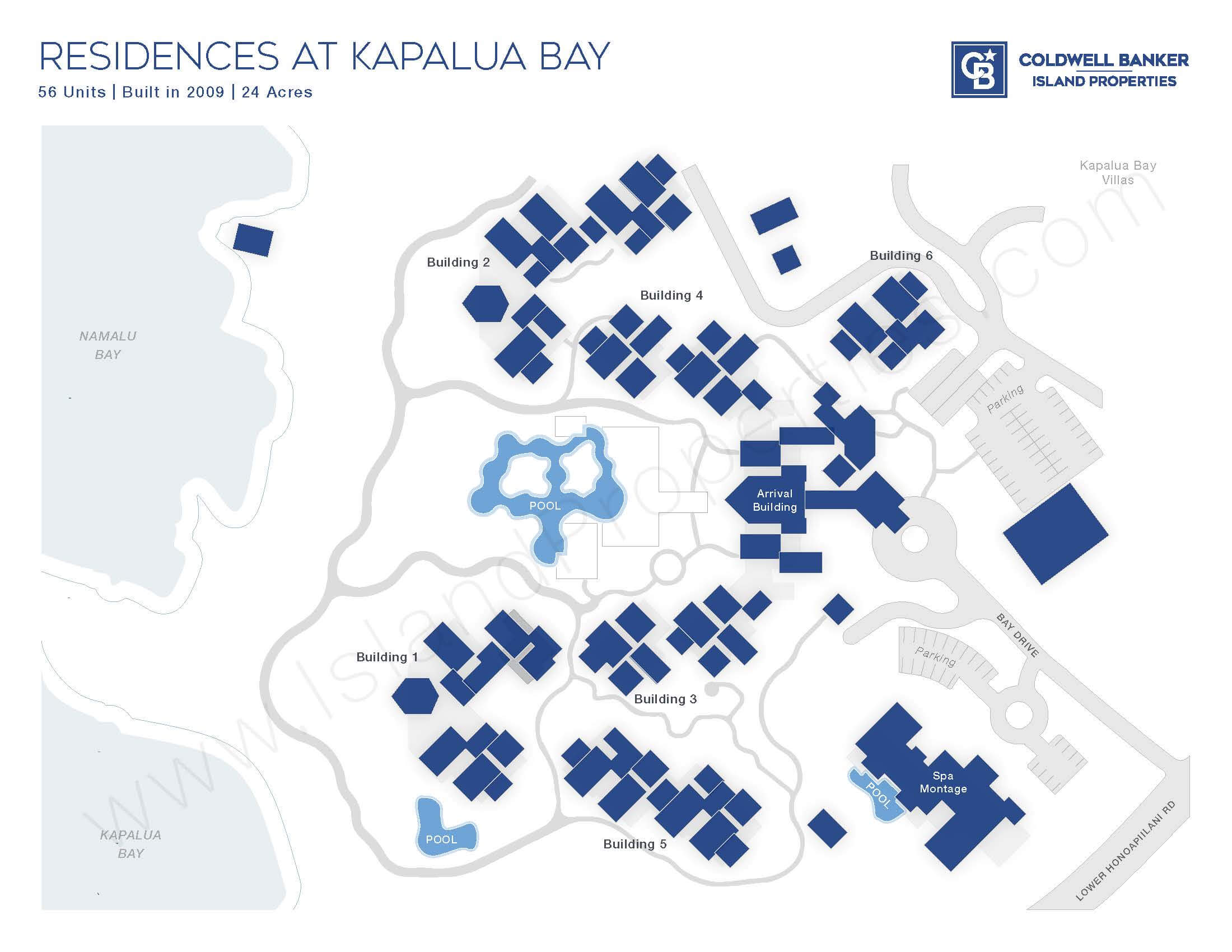 Site map of Montage Residences at Kapalua Bay in Maui, showing building locations, pools, parking areas, and nearby bay access.
