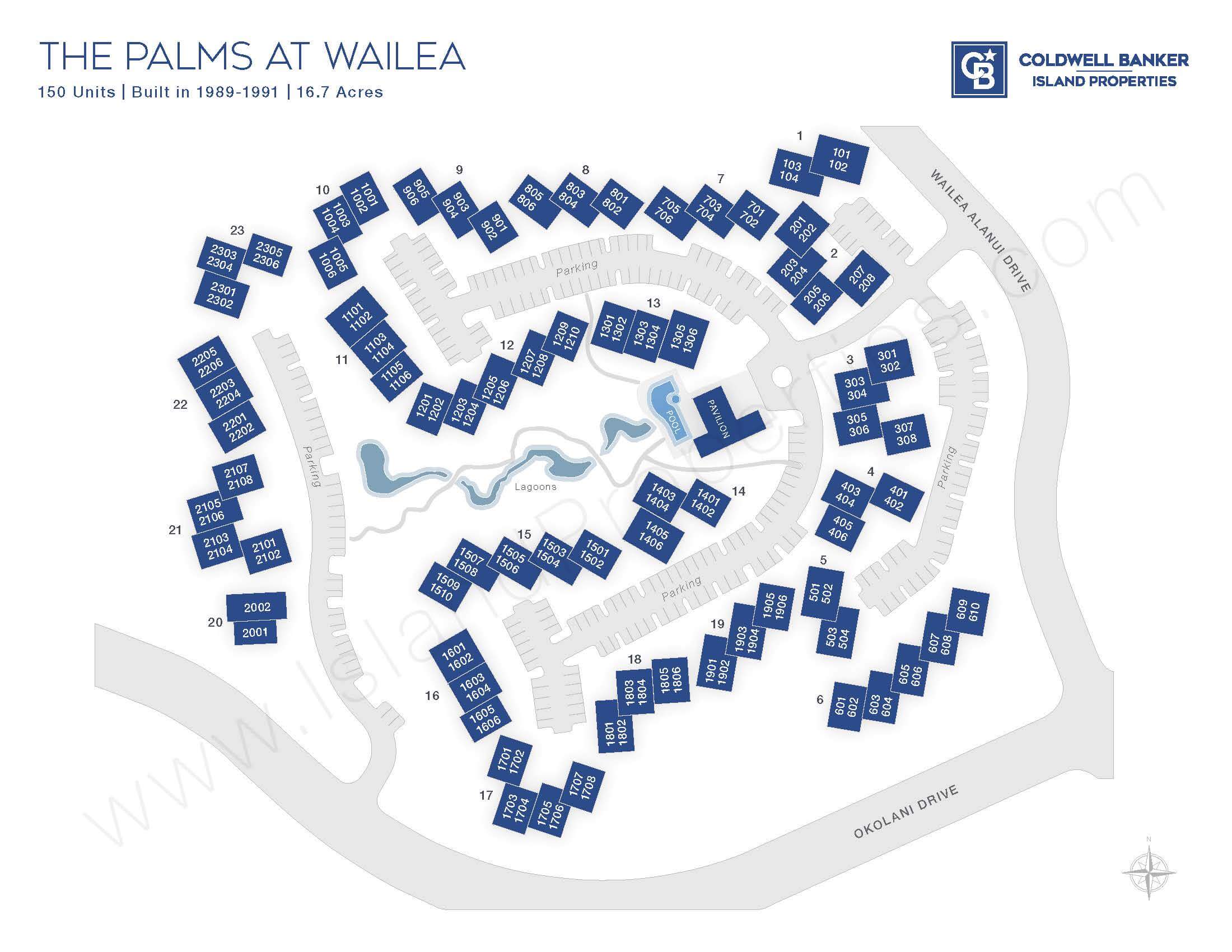 Site map of The Palms at Wailea condo complex showing building and unit layout across 16.7 acres in South Maui