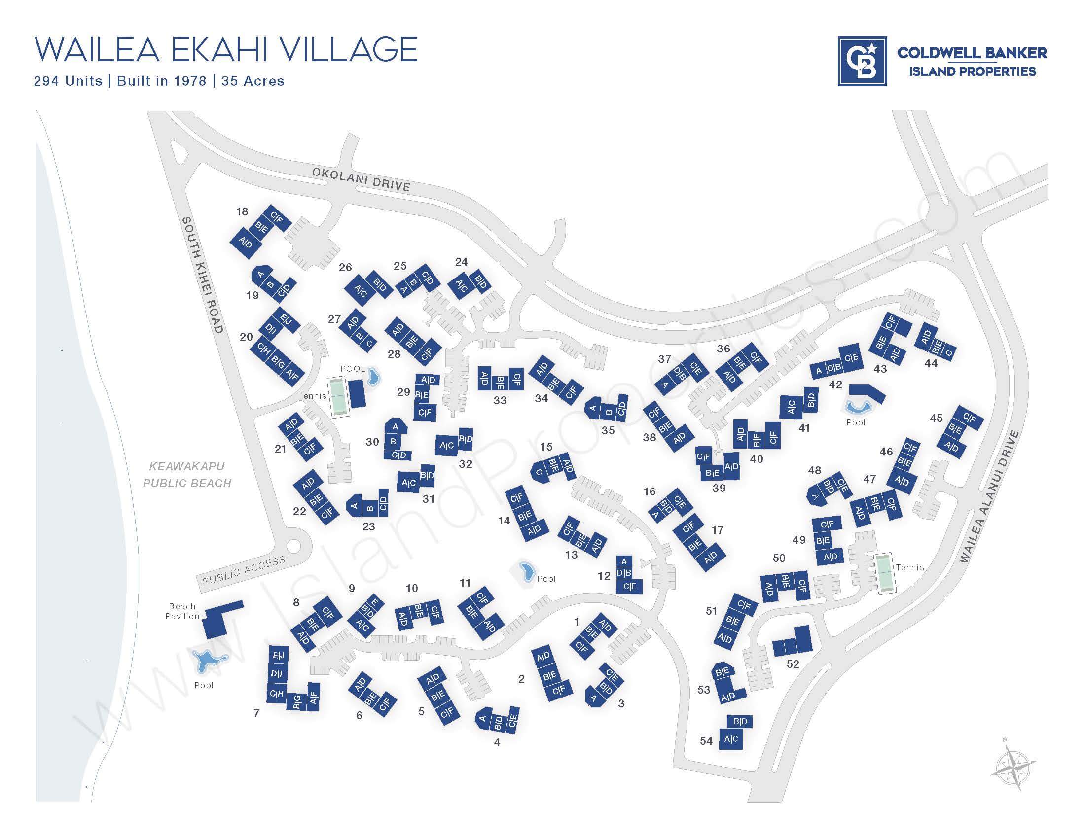 Wailea Ekahi Village site map showing building layout, pools, beach access, and amenities across 35 acres in Wailea, Maui.