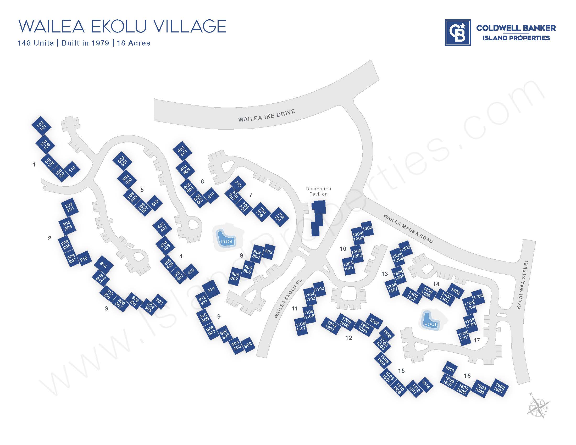 Wailea Ekolu Village site map showing building numbers, pool locations, and community layout in Wailea, Maui.