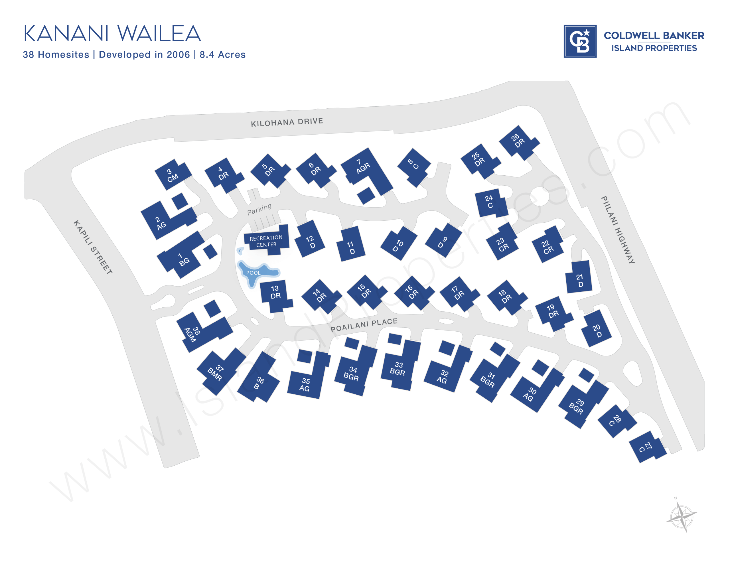 Site map of Kanani Wailea showing the layout of 38 detached condo homes, recreation center, pool, and street access