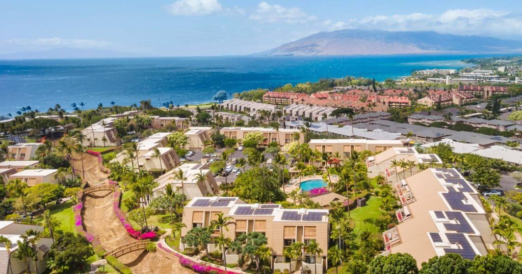 Aerial view of Maui Kamaole condo complex with ocean views in South Kihei, Maui