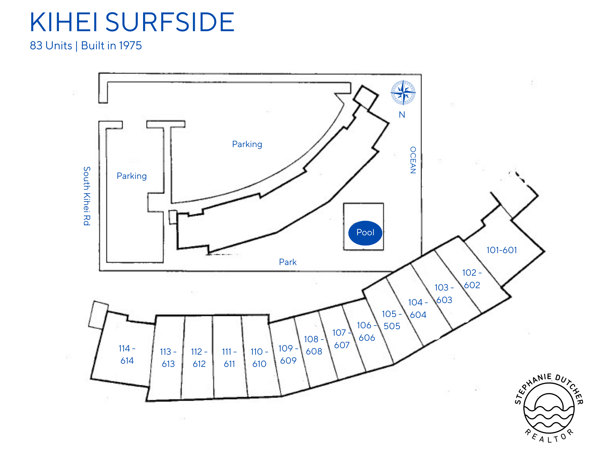 Kihei Surfside building map with labeled unit numbers, pool location, and parking layout in South Kihei