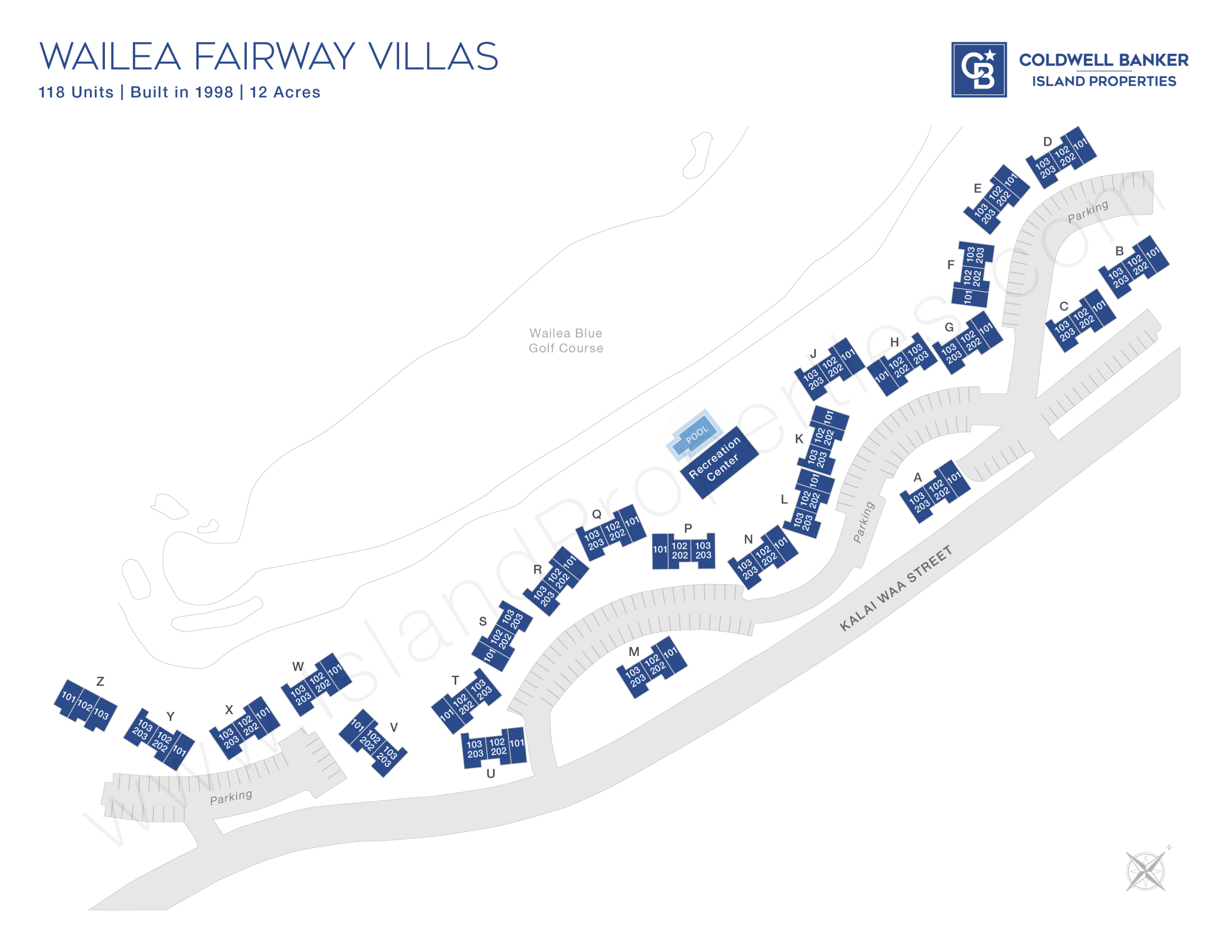 Map of Wailea Fairway Villas showing building locations, unit numbers, and site layout in Wailea, Maui