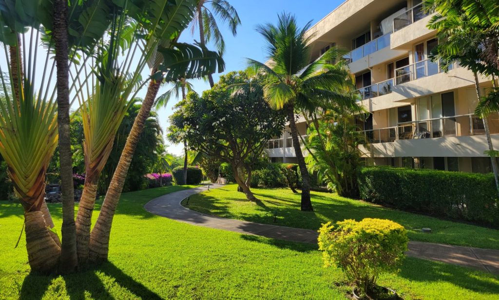 Garden view of Maui Banyan condo complex across from Kamaole Beach Park II in South Kihei, Maui.