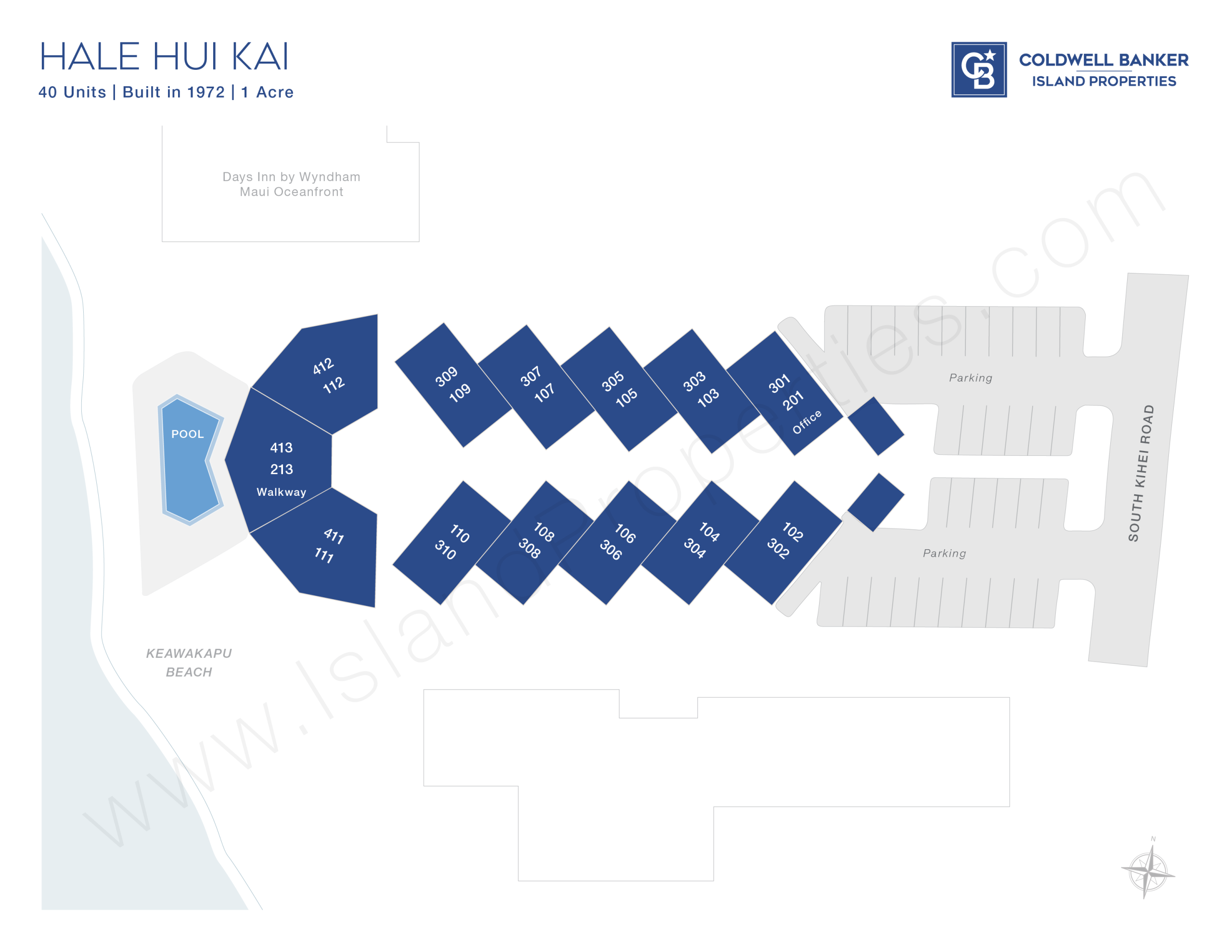 Site map of Hale Hui Kai beachfront condo complex at 2994 S Kihei Road, Maui.