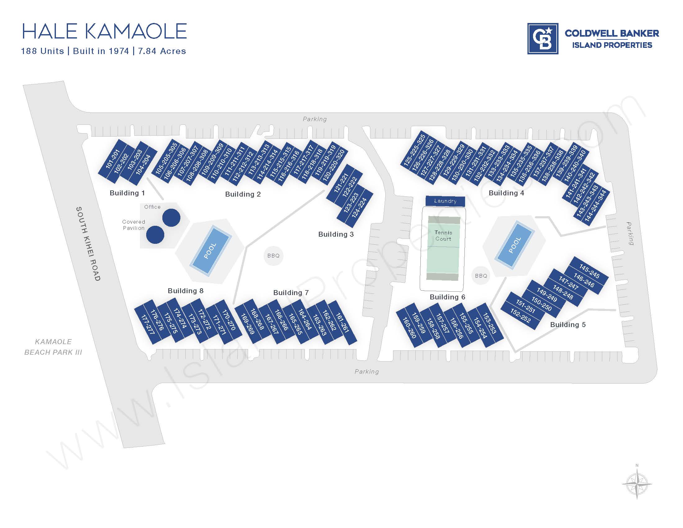 Site map of Hale Kamaole vacation rental condos in South Kihei, Maui — located across from Kamaole Beach Park III.