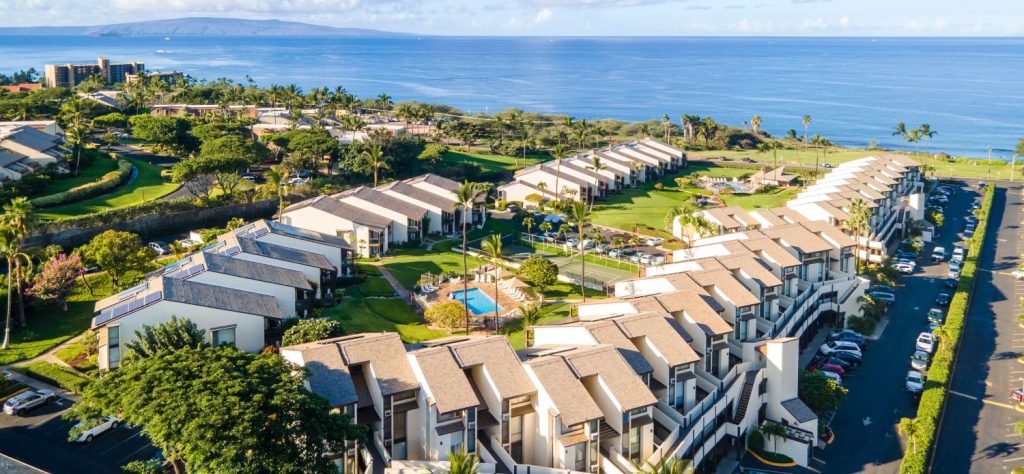 Aerial view of Hale Kamaole condo complex in South Kihei, Maui, across from Kamaole Beach Park III.