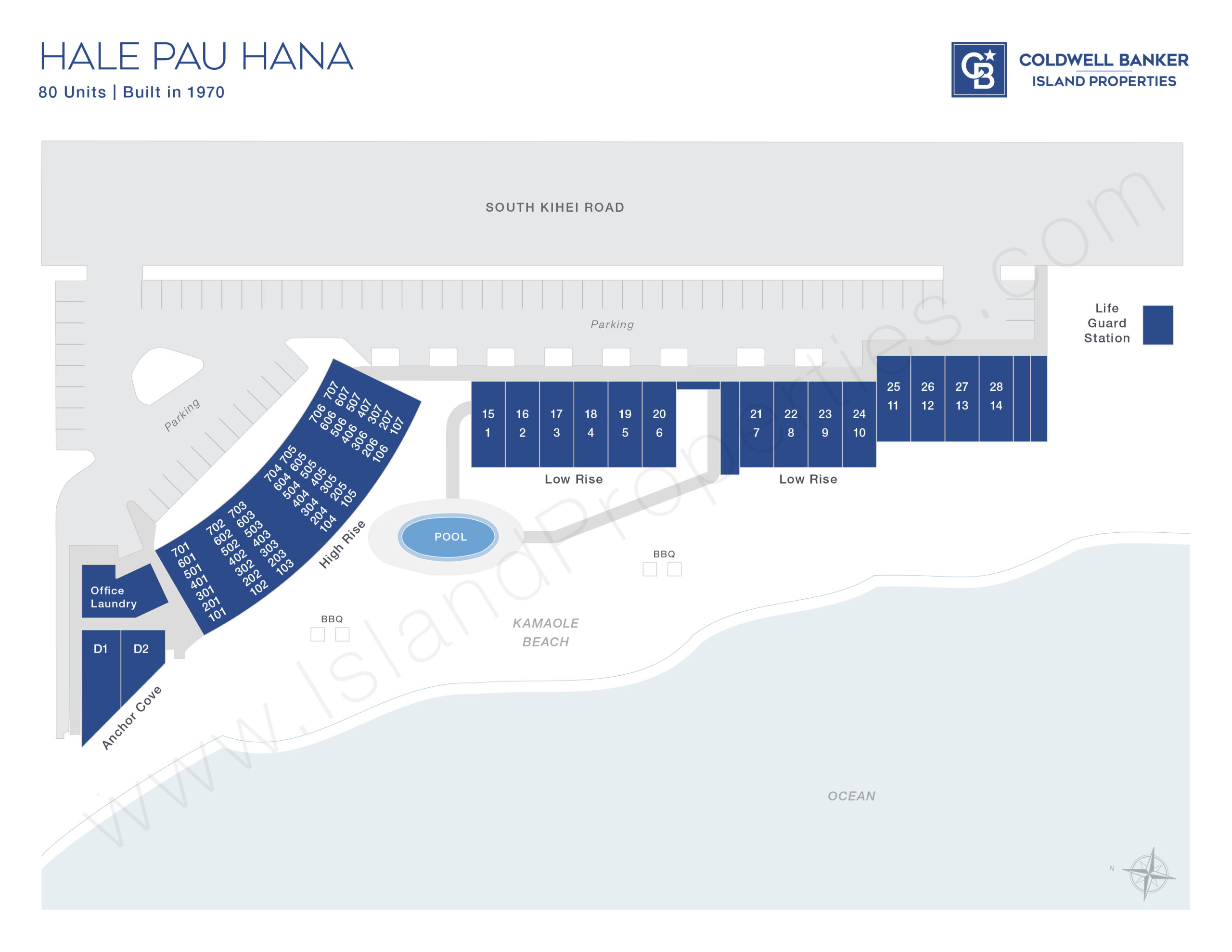 Site map of Hale Pau Hana beachfront condo complex in Kihei, Maui, showing high-rise and low-rise buildings, beachfront pool, BBQ areas, parking, and direct access to Kamaole Beach I