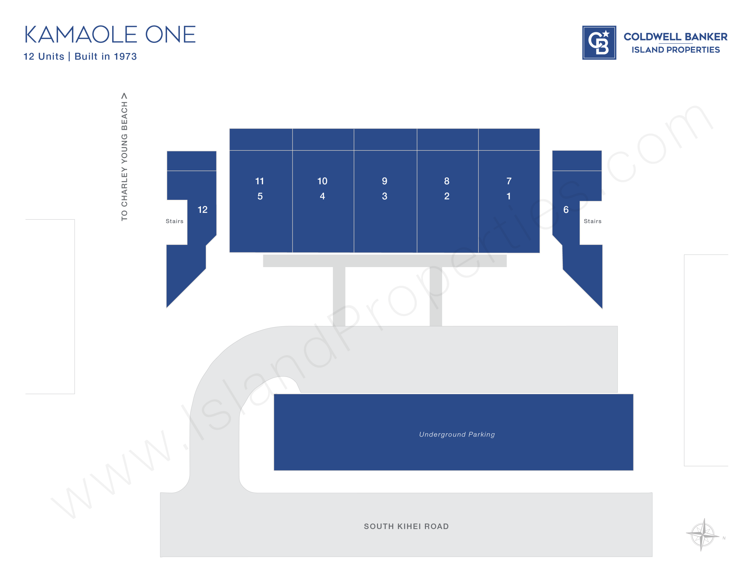 Site map of Kamaole One beachfront condo complex in Kihei, Maui, showing 12-unit building layout, stairs, and underground parking with direct access to Kamaole Beach Park I
