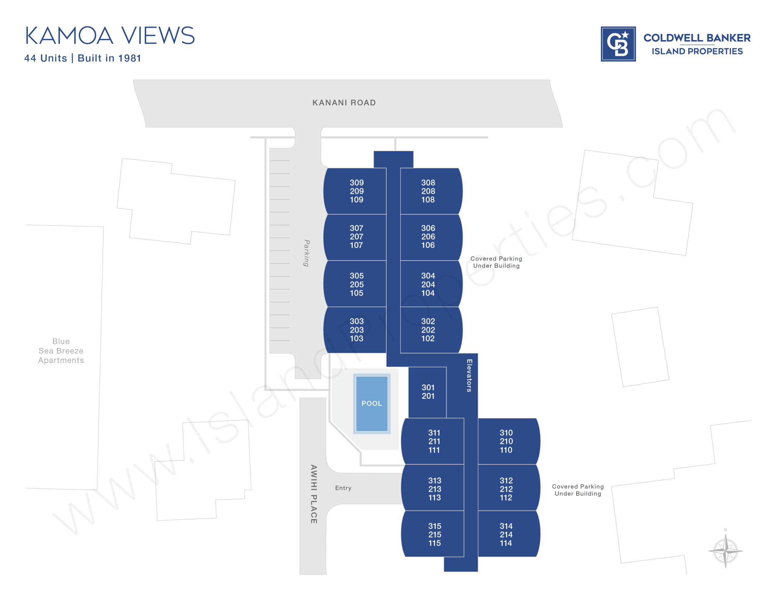 Site map of Kamoa Views boutique condo complex in South Kihei, Maui, showing building layout, swimming pool, elevators, parking areas, and proximity to Kanani Road and Awihi Place