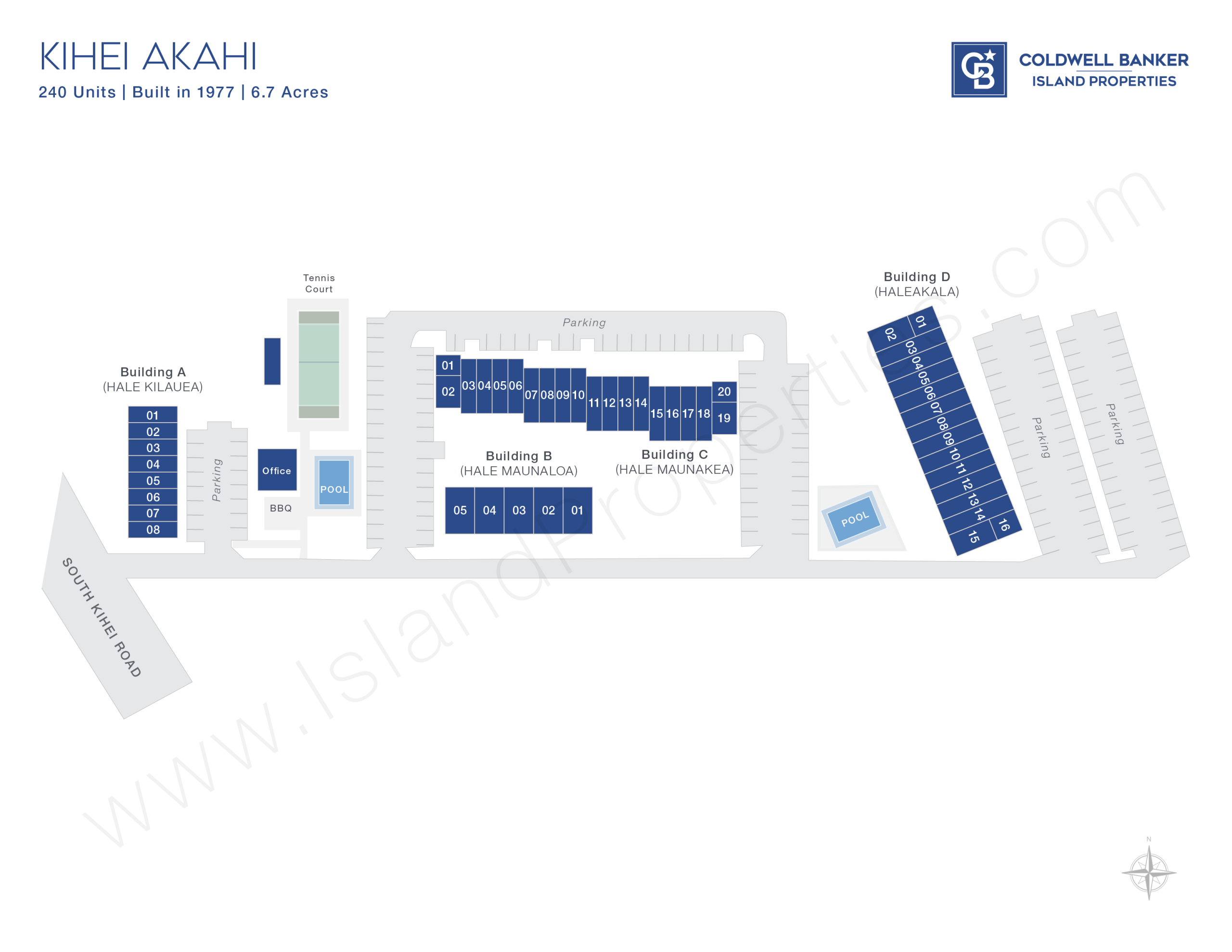 Site map of Kihei Akahi condo complex in South Kihei, showing building layout, pools, tennis court, parking, and proximity to South Kihei Road