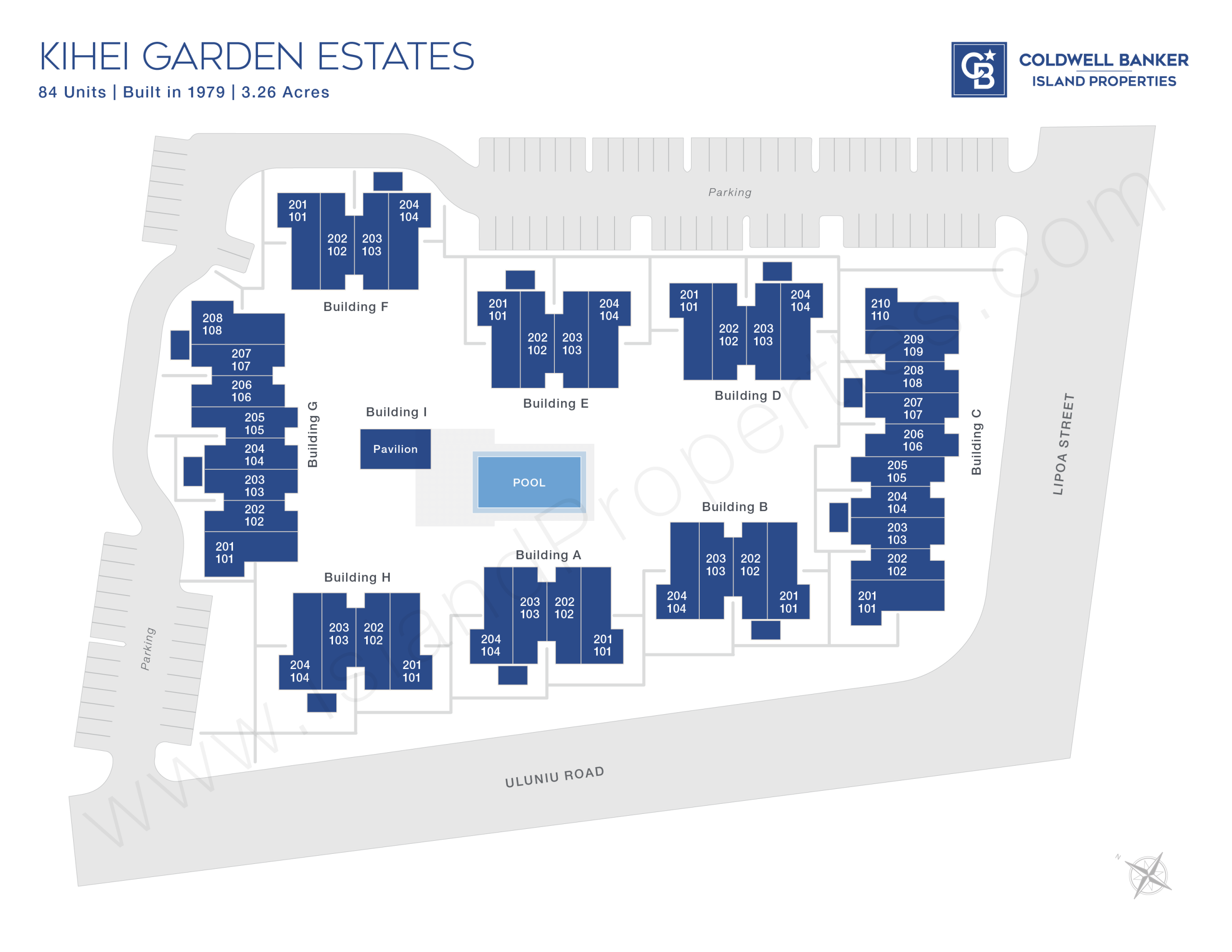 Site map of Kihei Garden Estates condo complex in South Kihei, Maui, showing building layout, pool, pavilion, parking areas, and surrounding streets