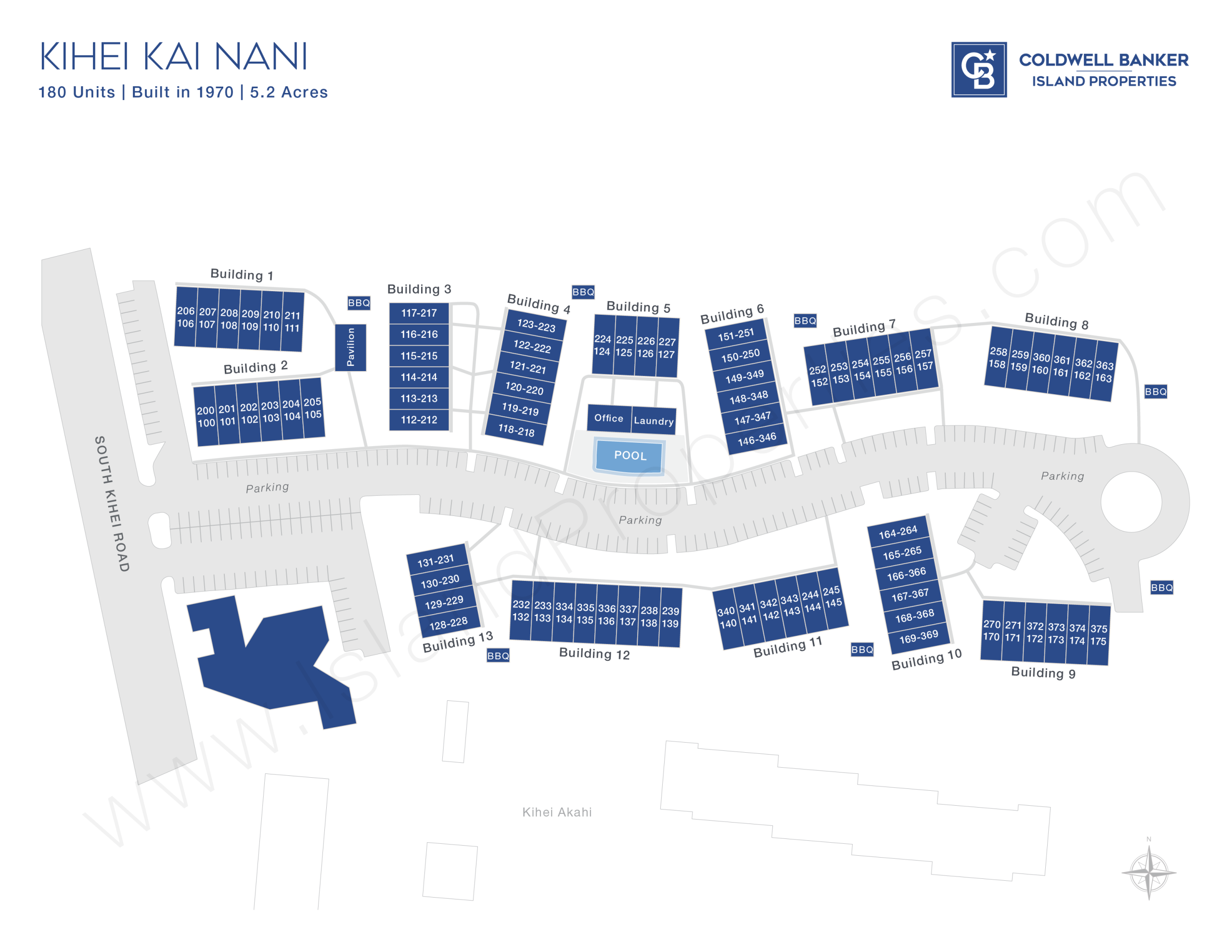 Site map of Kihei Kai Nani condo complex in South Kihei, showing building layout, pool, BBQ areas, pavilion, parking, and proximity to South Kihei Road
