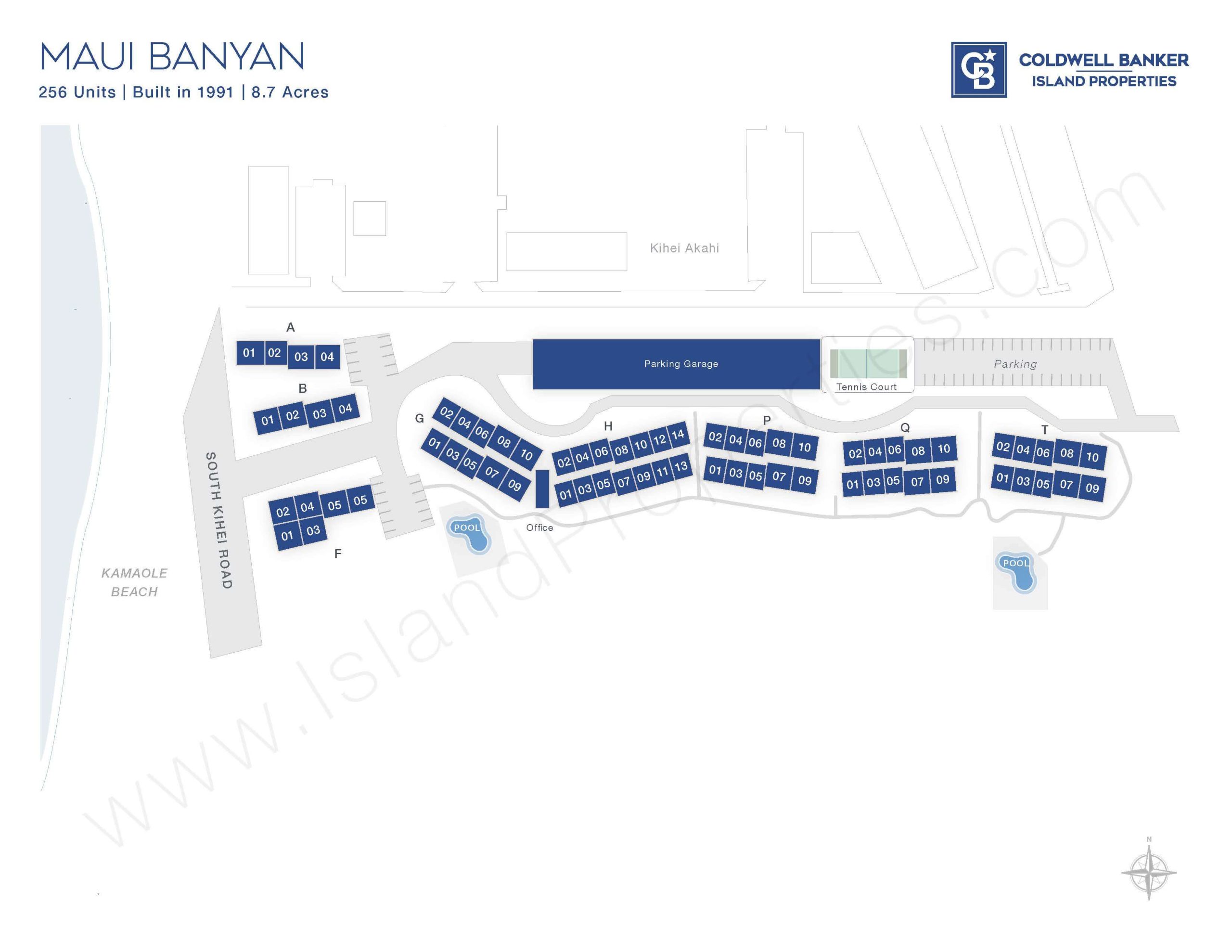 Site map of Maui Banyan vacation condo complex across from Kamaole Beach Park II, South Kihei, Maui.