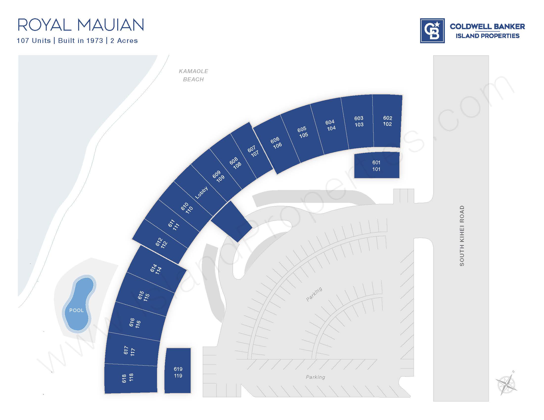 Site map of Royal Mauian oceanfront condo complex in Kihei, Maui, showing unit layout, oceanside pool, parking, and beachfront location along Kamaole Beach