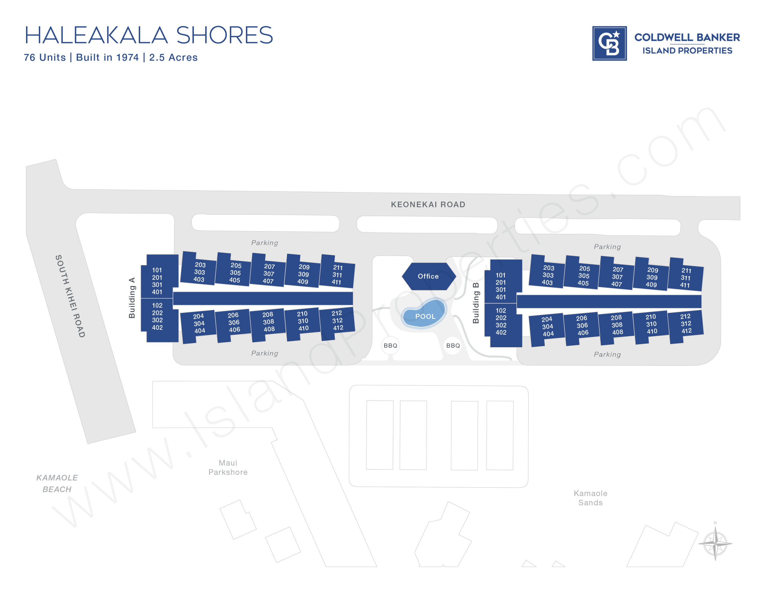 Site map of Haleakala Shores condo complex in South Kihei, Maui, showing layout of 76 units across two buildings, parking areas, pool, and BBQ space.