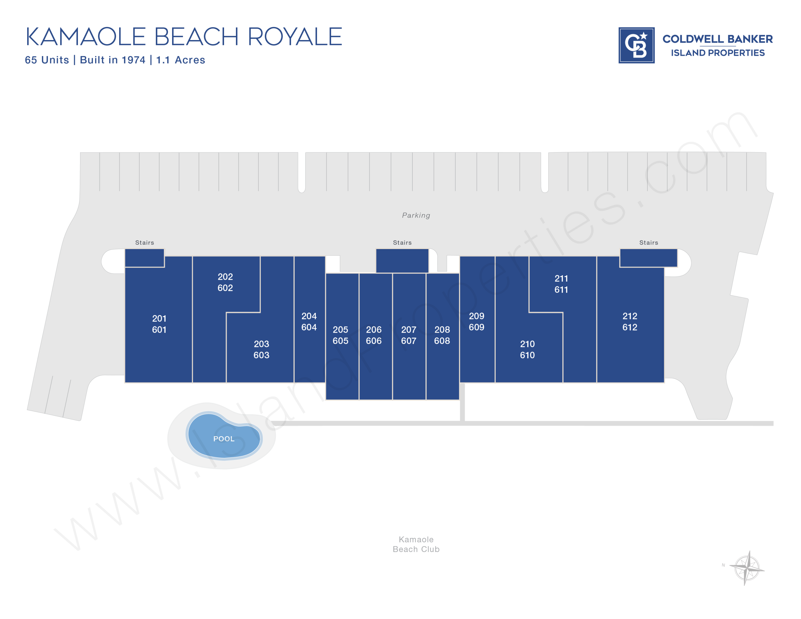 Site map of Kamaole Beach Royale showing unit layout, parking area, pool location, and orientation toward Kamaole Beach Park I in South Kihei, Maui.