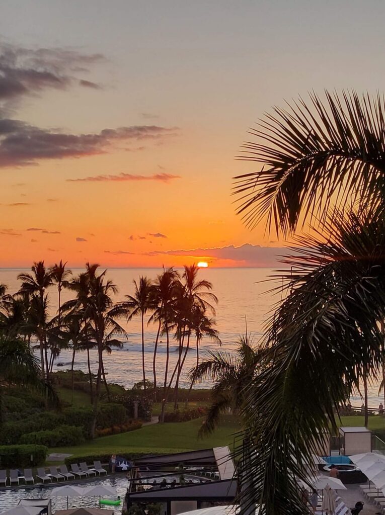 Ocean view sunset from a Papali Wailea lanai overlooking South Maui and neighboring islands