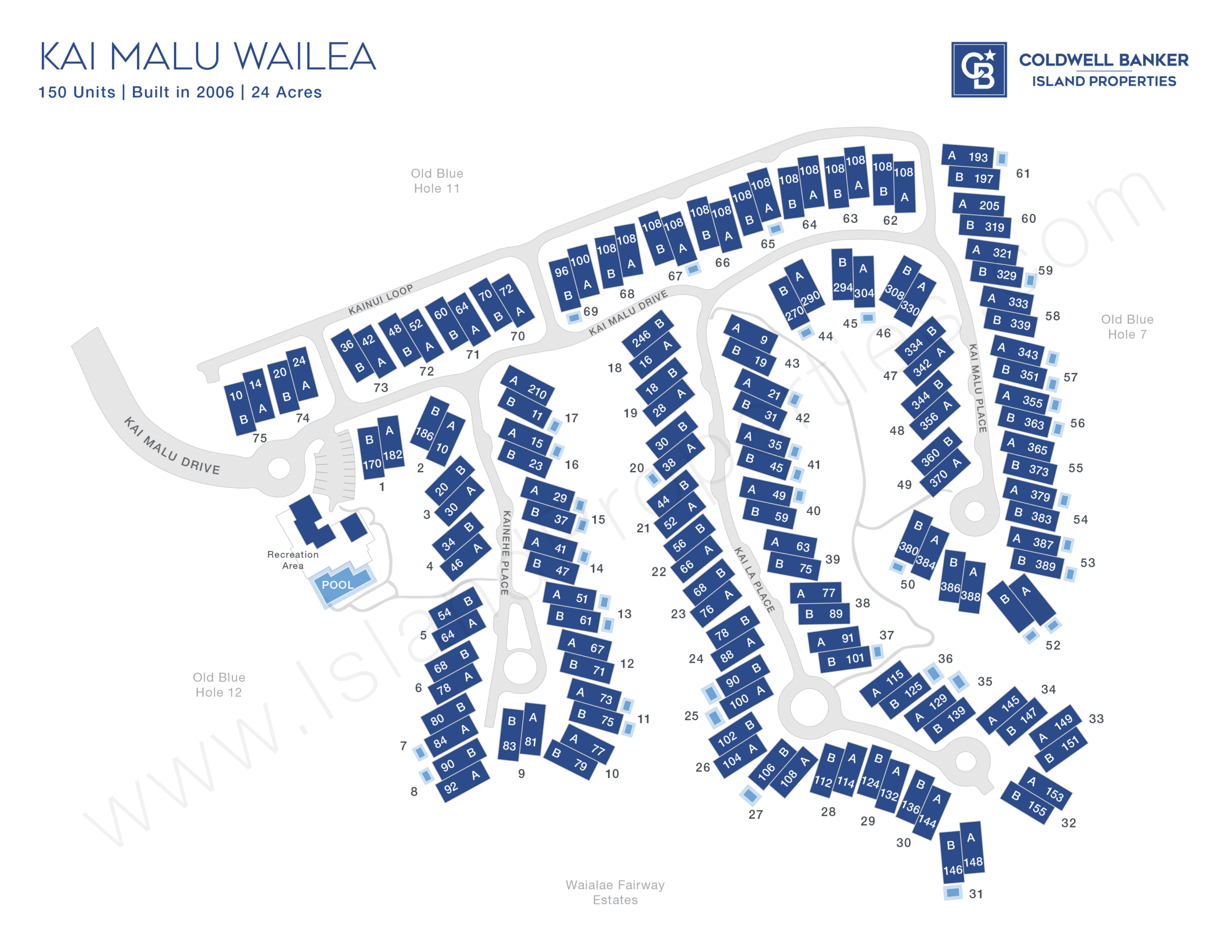 Kai Malu Wailea site map showing building layout, pool area, and golf course surroundings in Wailea Maui