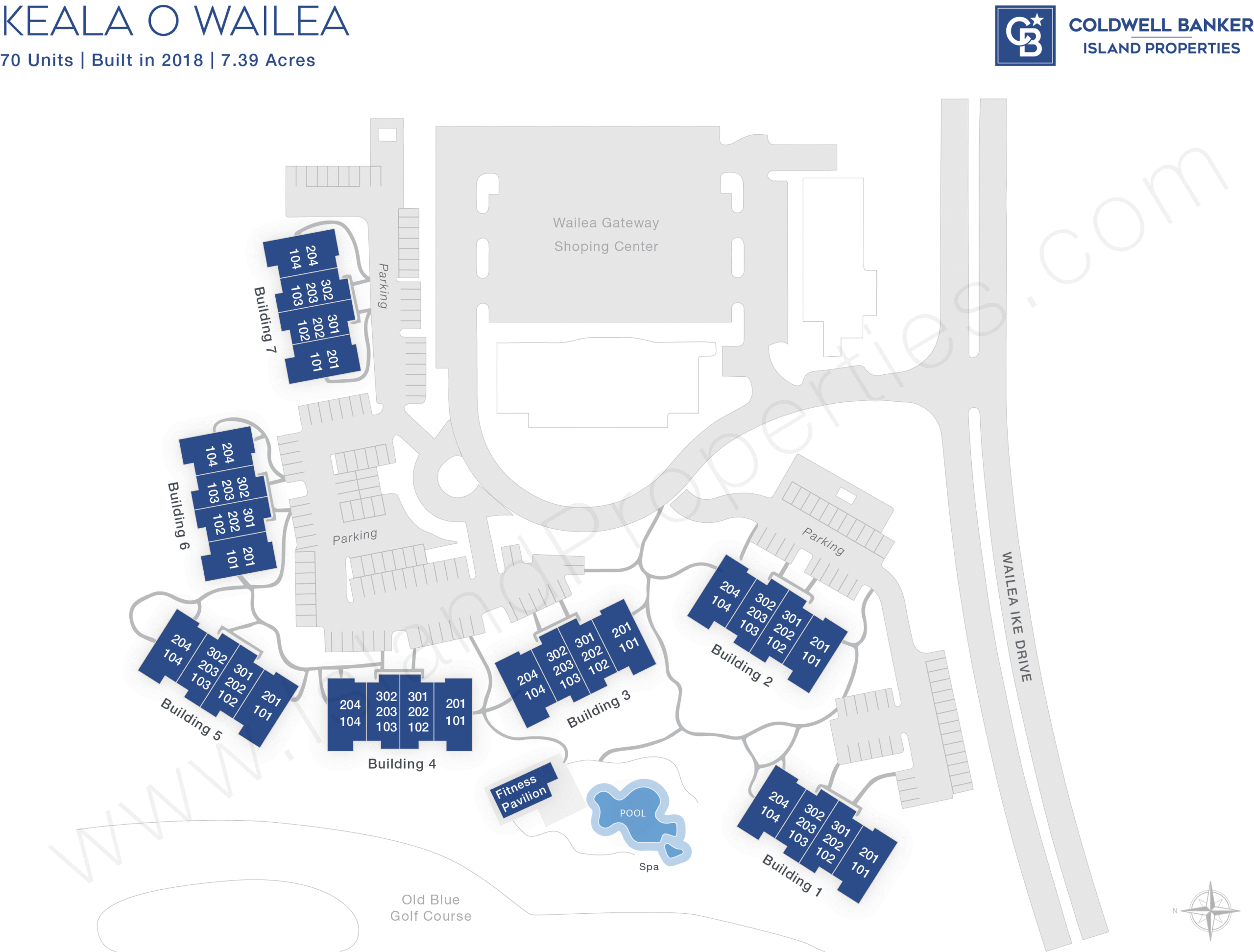 Keala O Wailea site map showing building layout, pool, fitness pavilion, and Wailea Gateway location