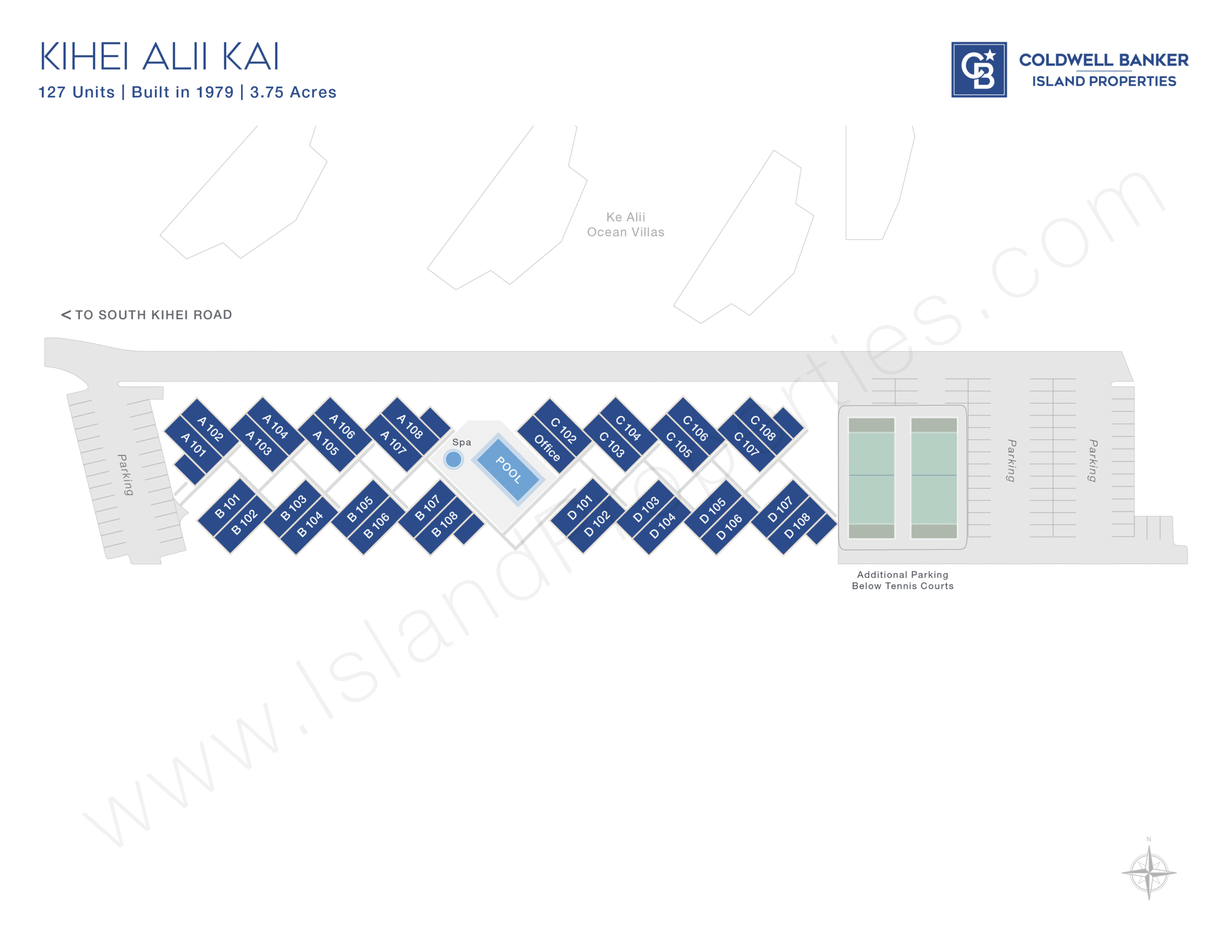 Kihei Alii Kai condo map showing building layout, pool, pickleball courts, and parking areas in South Kihei Maui