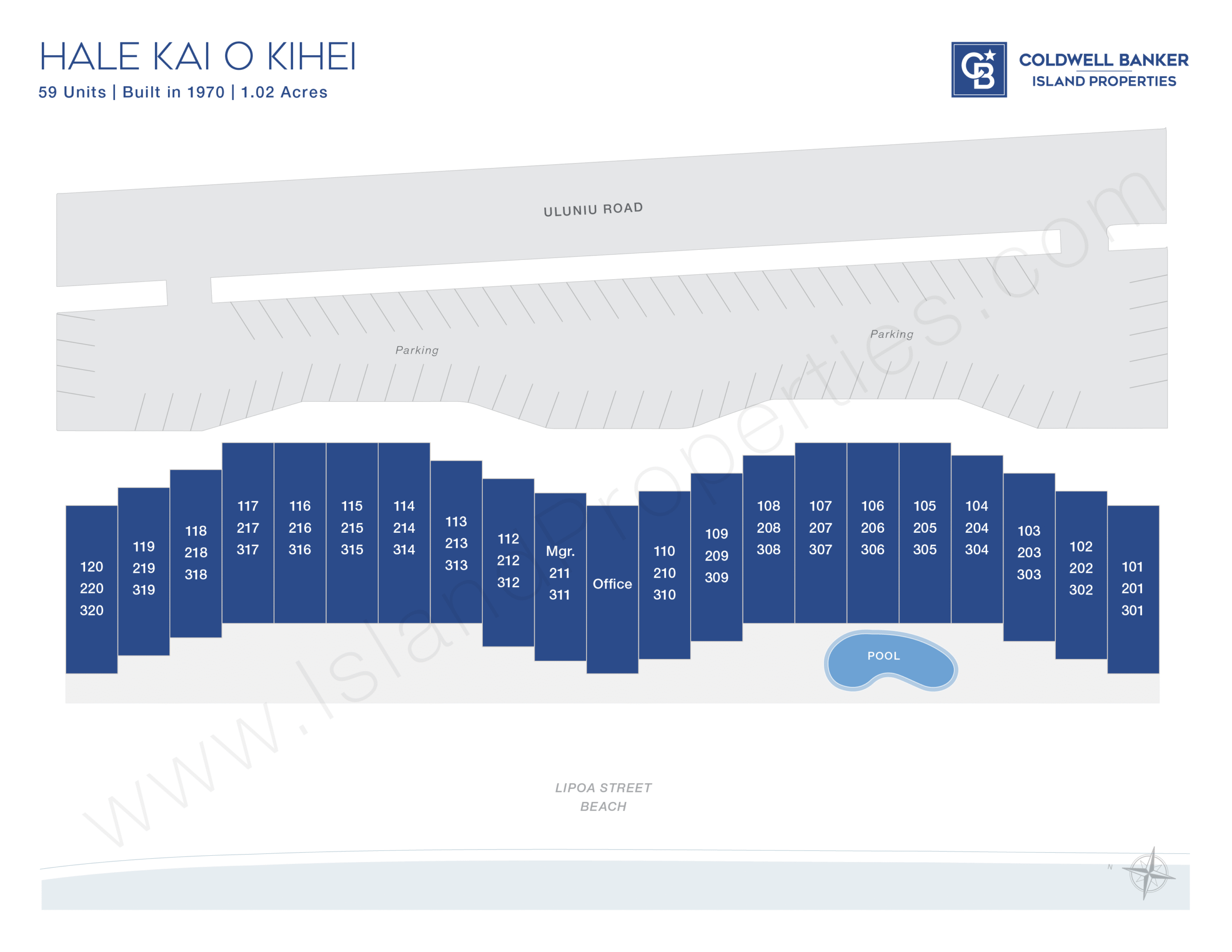 Hale Kai O Kihei site map showing unit layout, parking, pool, and direct beachfront orientation in South Kihei, Maui