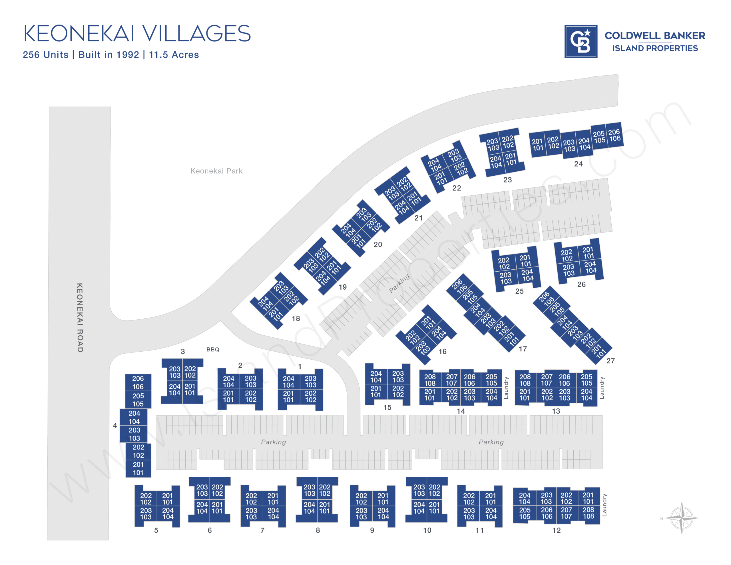 Keonekai Villages site map showing building layout, parking areas, and proximity to Keonekai Park in South Kihei, Maui