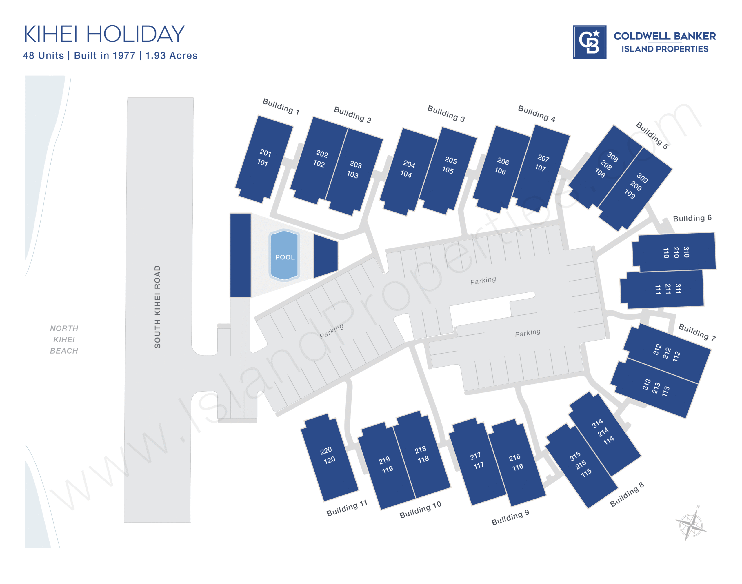 Kihei Holiday condo site map showing building layout, parking areas, pool, and proximity to Sugar Beach in North Kihei, Maui