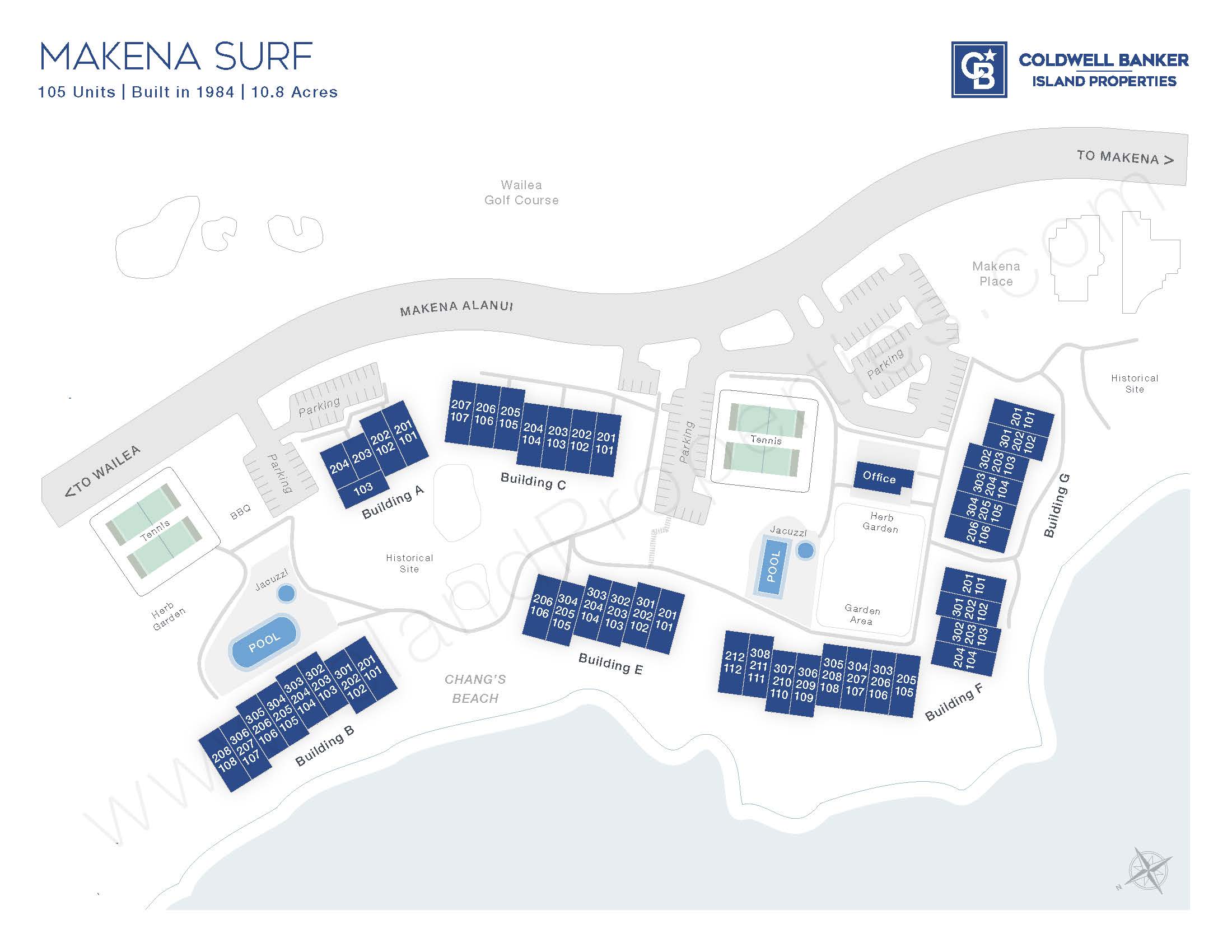 Makena Surf site map showing building layout, pools, tennis courts, and beachfront orientation along Poʻolenalena Beach in Makena, Maui