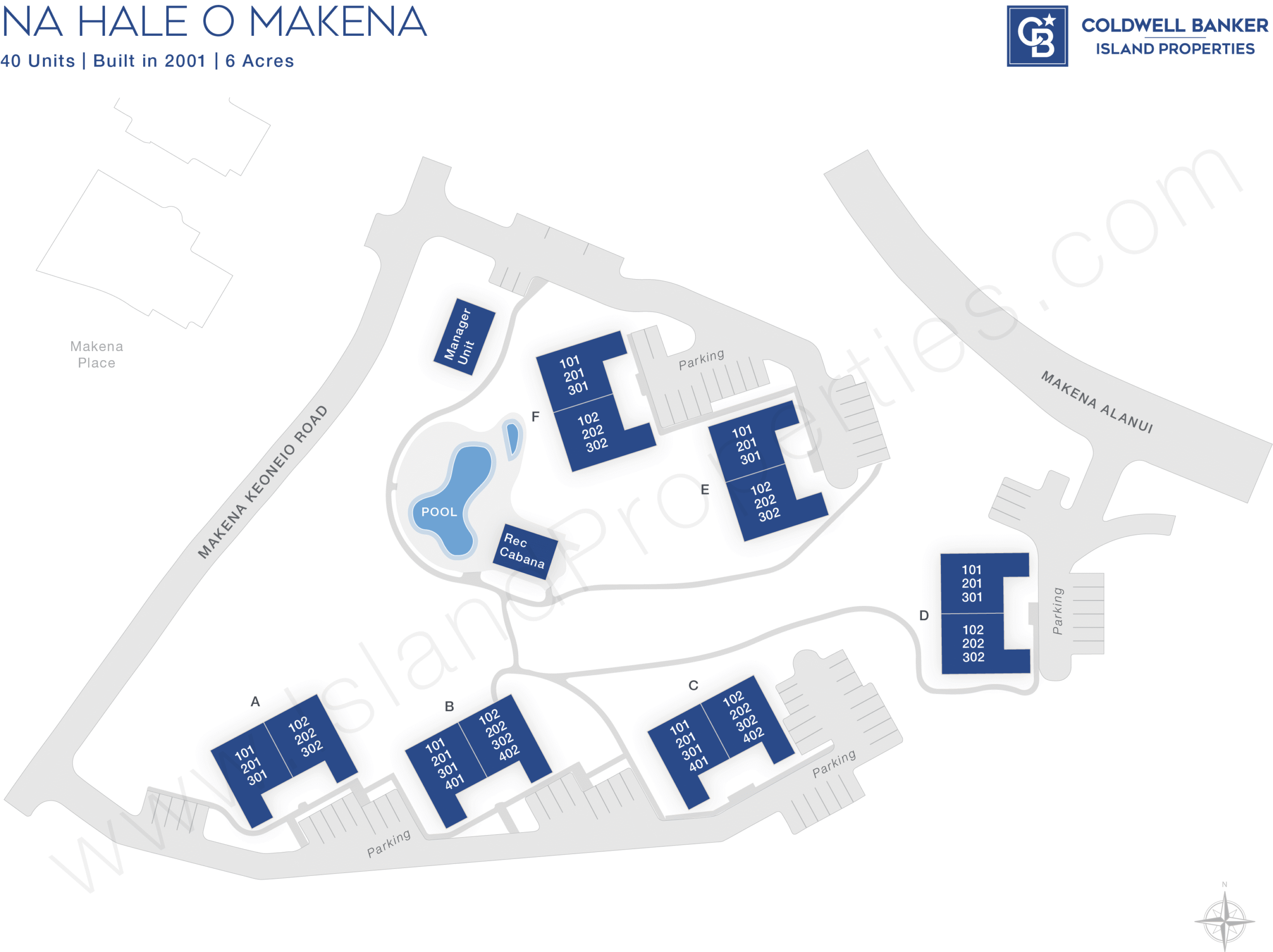 Na Hale O Makena site map showing building layout, private elevators, parking, pool, and gated community in Makena, Maui