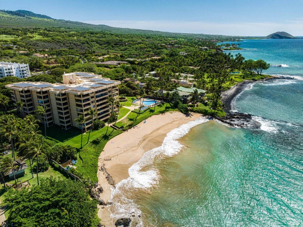 Aerial view of Polo Beach Club beachfront condos located directly on Polo Beach in Makena, Maui