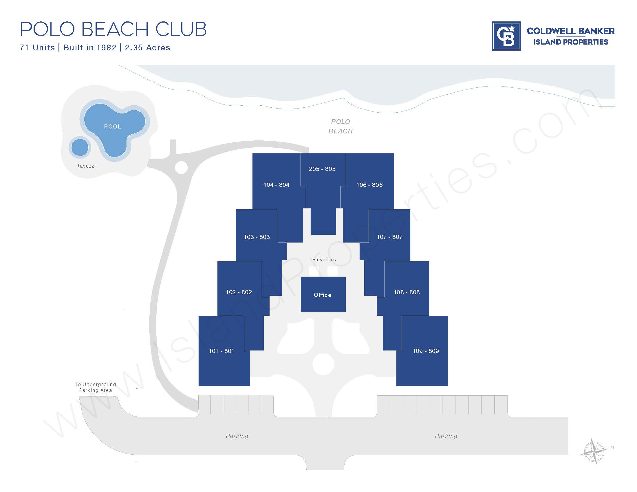 Polo Beach Club site map showing unit layout, beachfront orientation, pool, spa, elevators, and parking areas in Makena, Maui