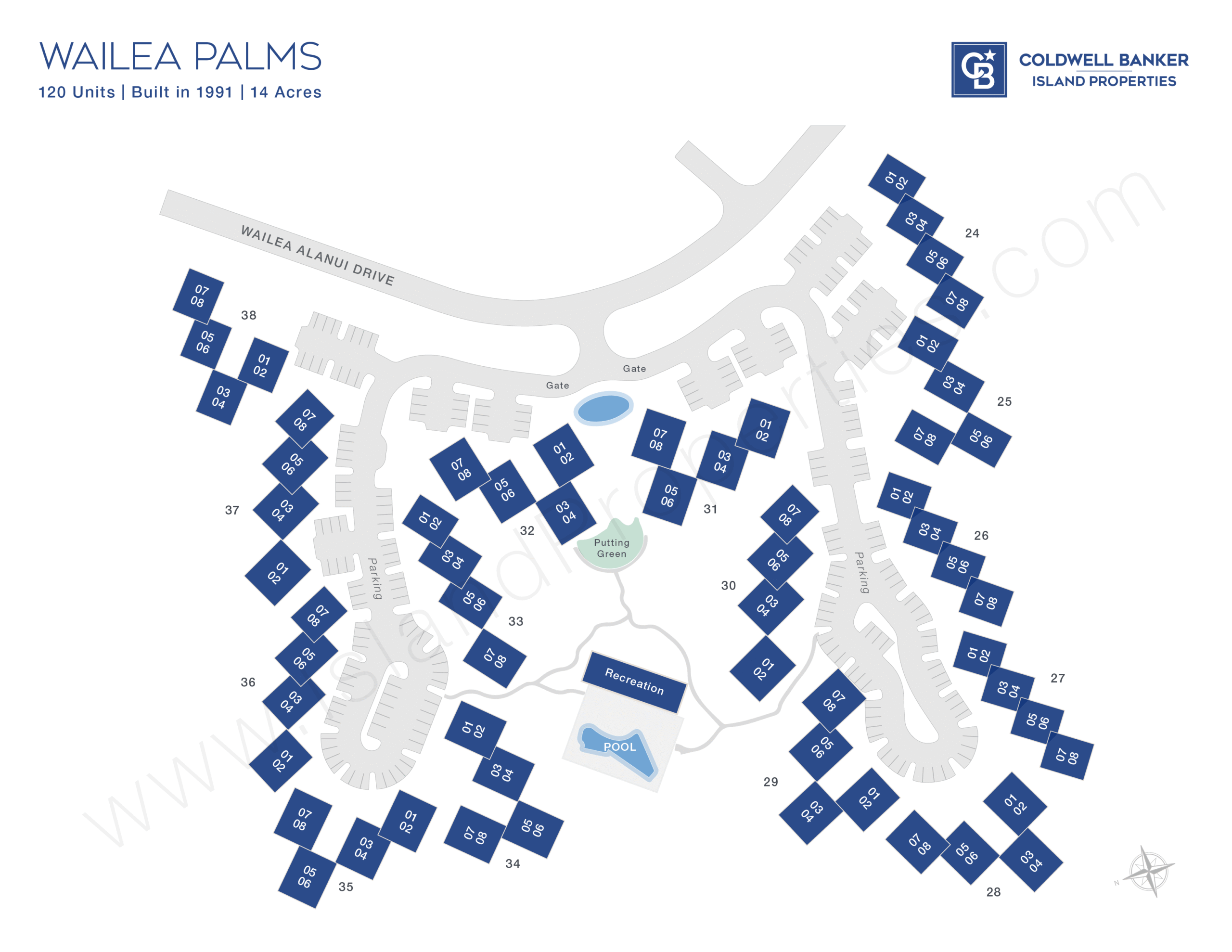 Wailea Palms site map showing building layout, gated entry, pool, recreation area, and parking in Wailea, Maui