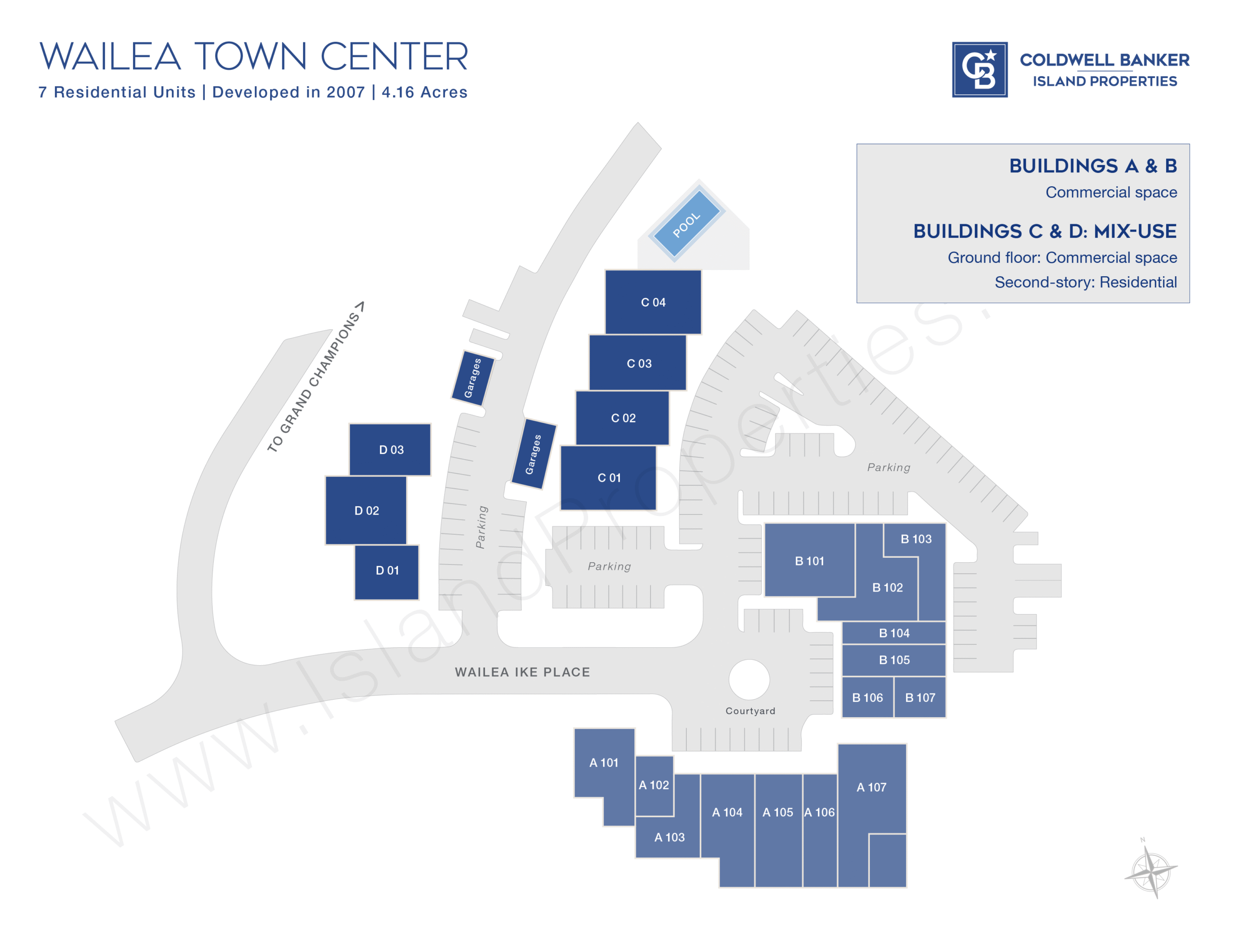 Wailea Town Center site map showing mixed-use buildings, residential units, parking, pool, and garages in Wailea, Maui