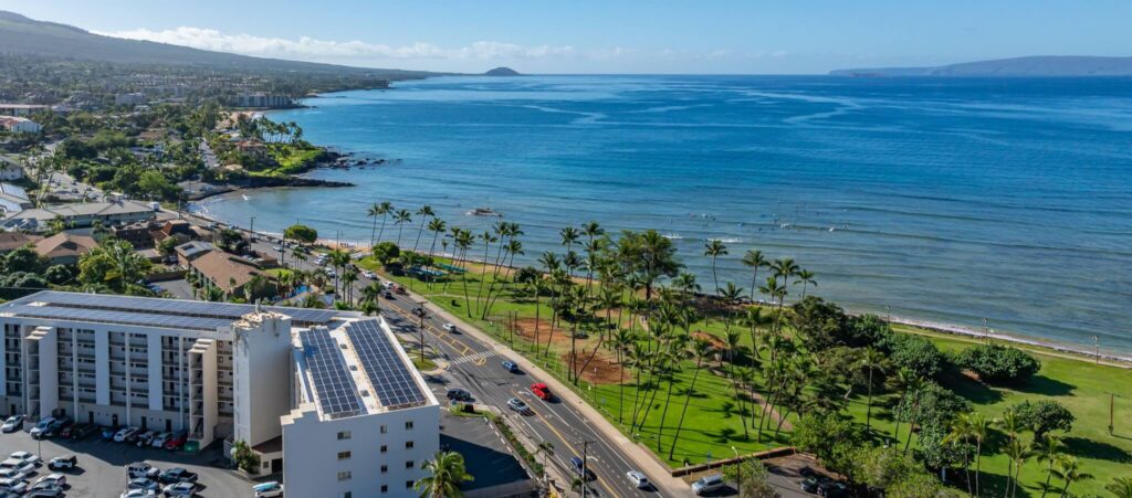 Aerial view of Island Surf condos near Kalama Park and The Cove in Kihei Maui