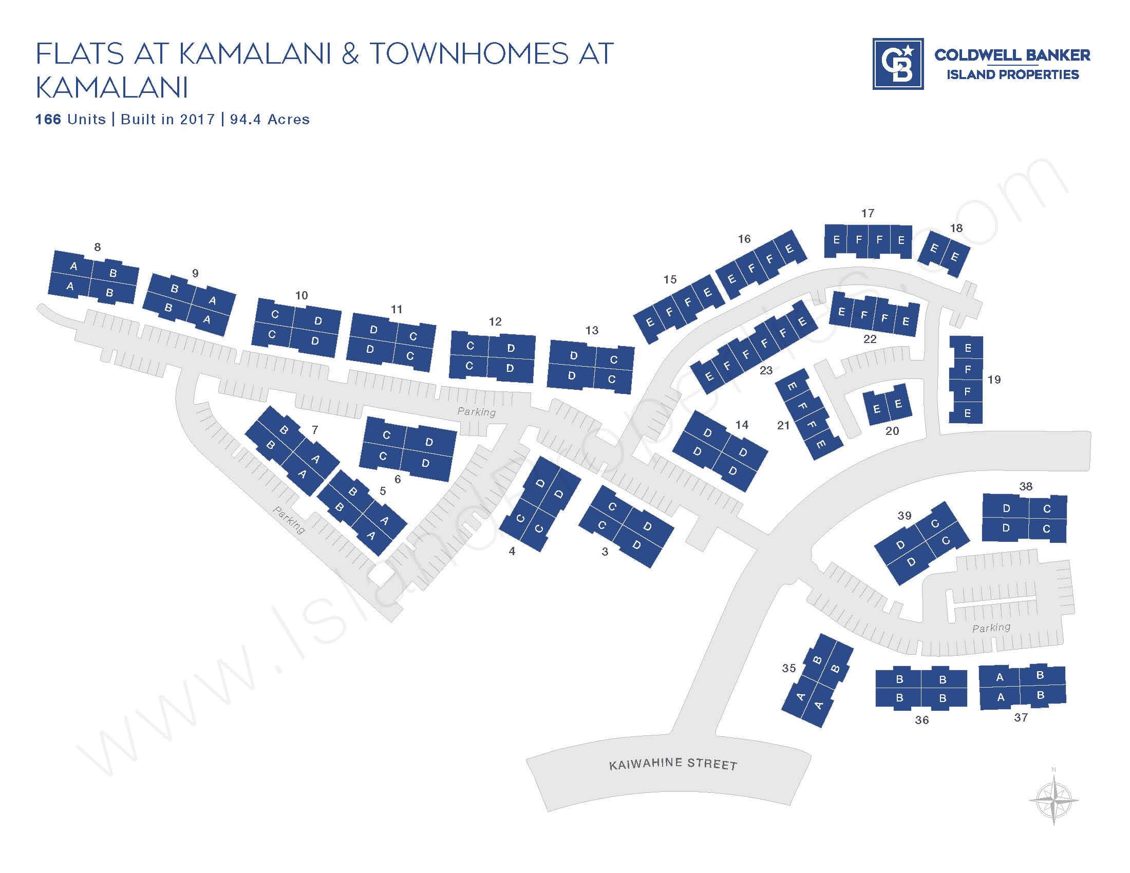 Building map of Flats at Kamalani and Townhomes at Kamalani in North Kihei Maui